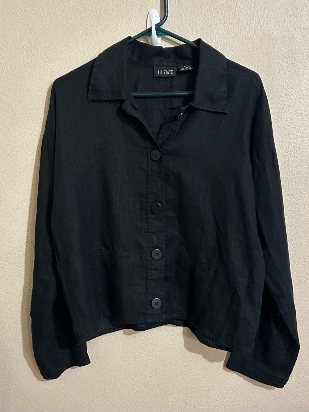 111 State Women's Black Button-Front Blouse Minimalist Boxy XS Linen Longsleeve
